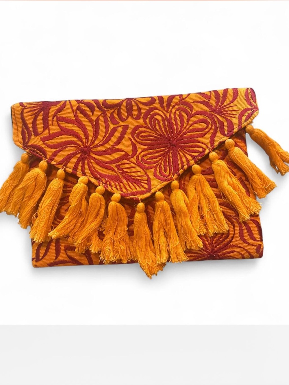 Boho Floral Embroidered Clutch with Tassels